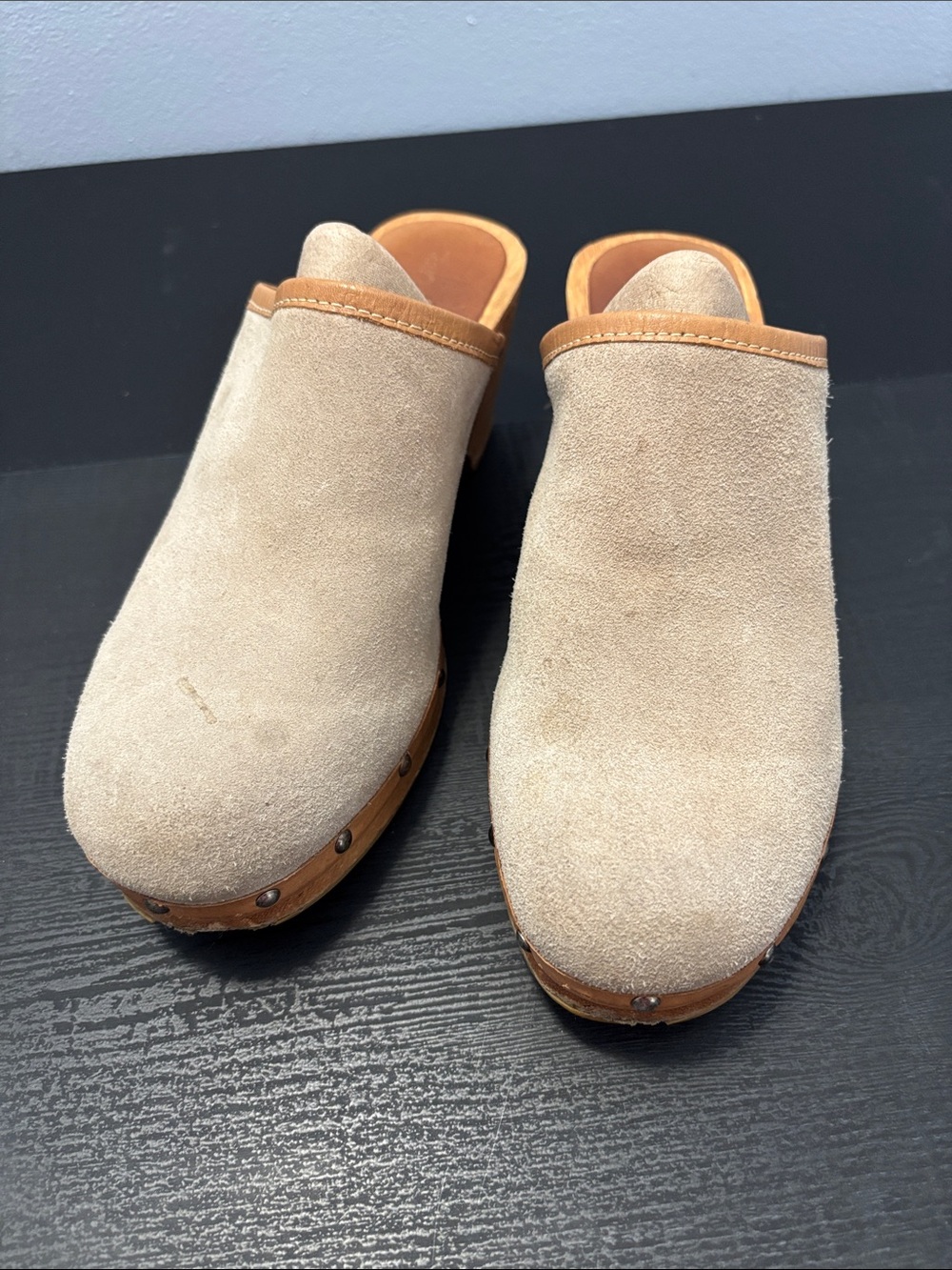 Candie's Beige Suede Clog Mules with Wood Trim